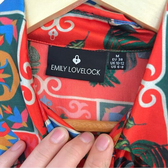 Emily Lovelock Alice Silk Red Print Button Down Dress, Size Medium - Picture 5 of 9